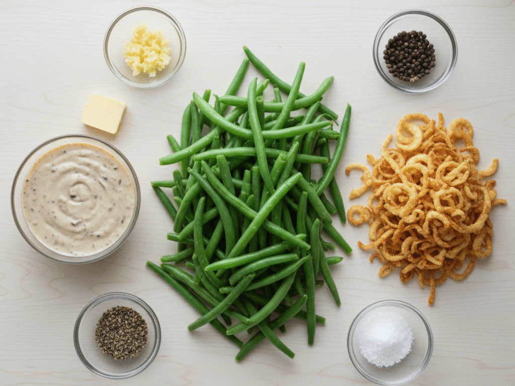 Easy Green Bean Casserole Recipe | Crispy Onion & Creamy Sauce Perfection green bean casserole canva (1)