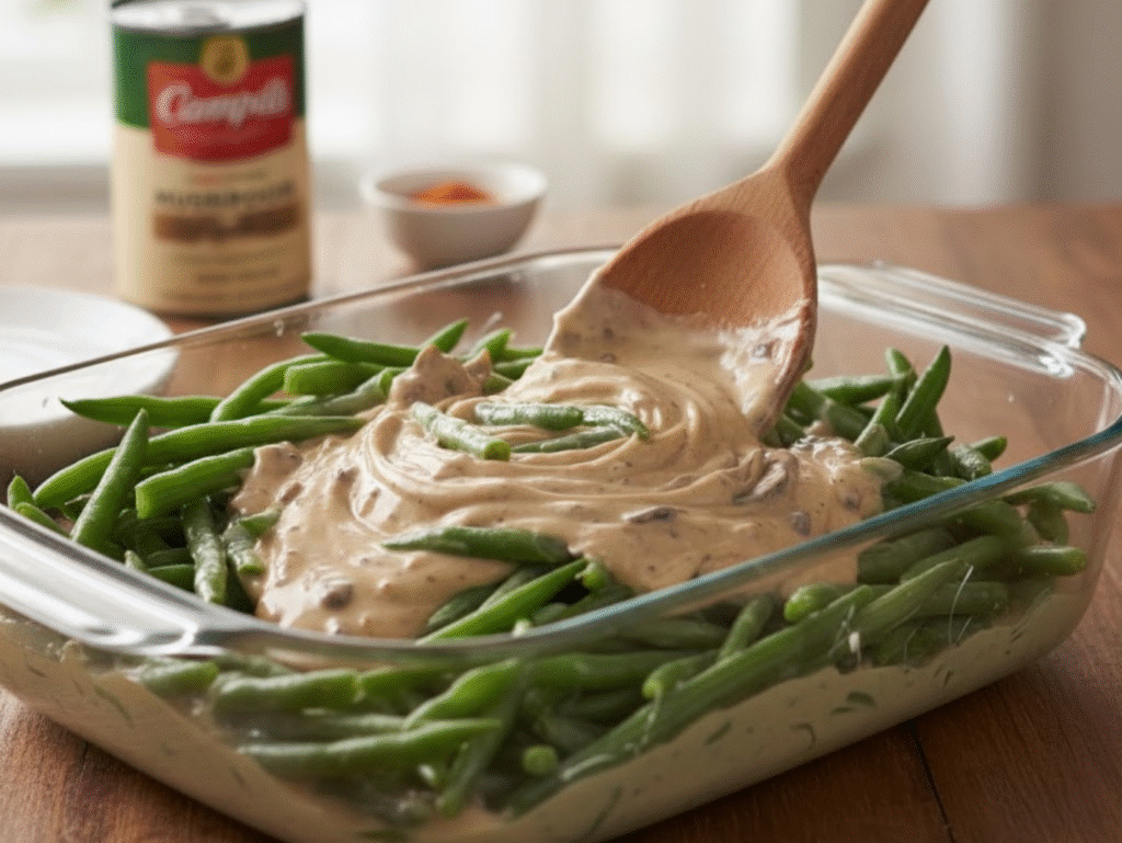 Easy Green Bean Casserole Recipe | Crispy Onion & Creamy Sauce Perfection green bean casserole canva (2)