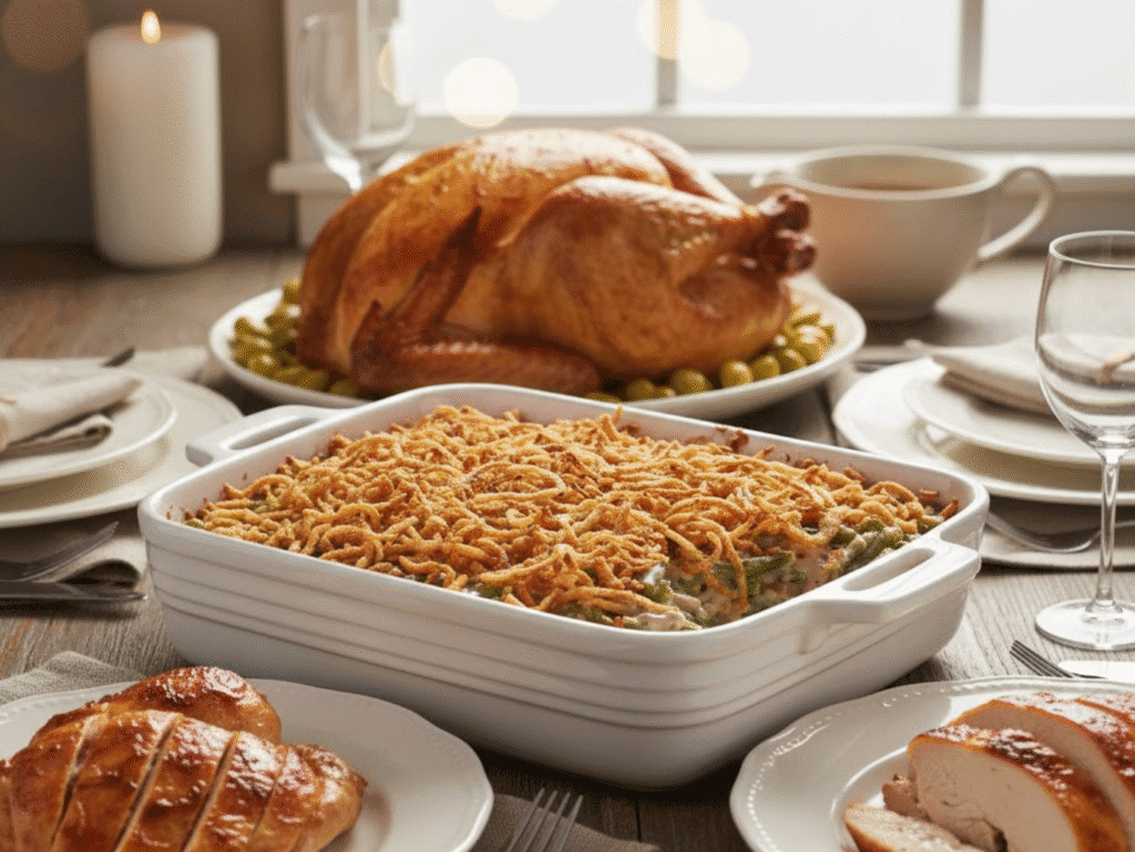 Easy Green Bean Casserole Recipe | Crispy Onion & Creamy Sauce Perfection green bean casserole canva (3)