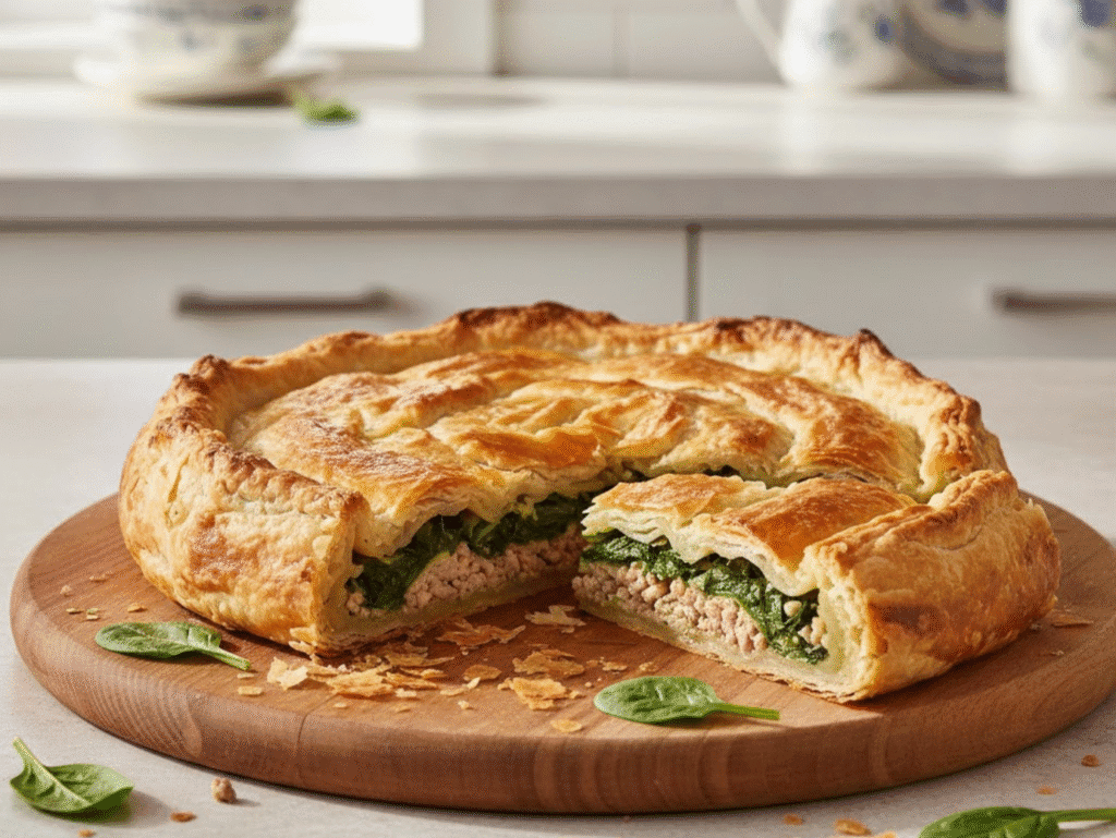 Greek-Inspired Pork & Spinach Spanakopita | Rich, Golden & Full of Flavor canva inspired pork meat