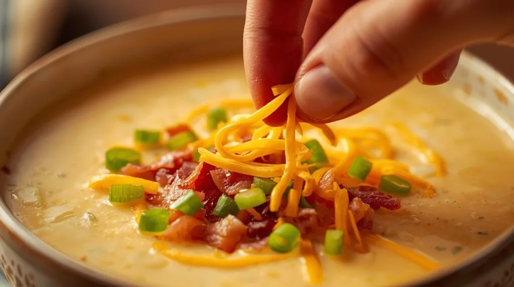 a bowl of creamy potato soup being garnished with shredded cheese, bacon pieces, and green onions. hand sprinkling toppings, close up shot showing the creamy texture and rich color. warm, golden lighting f