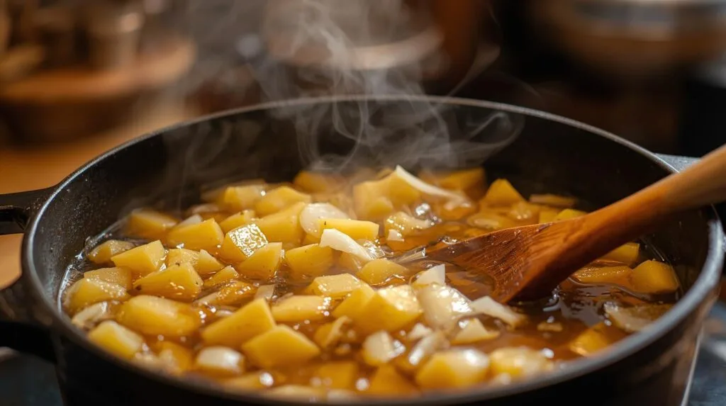 a cooking pot on a stovetop filled with diced potatoes, onions, and broth simmering. steam rising from the pot, wooden spoon stirring, cozy home kitchen in the background. warm lighting highlighting the go