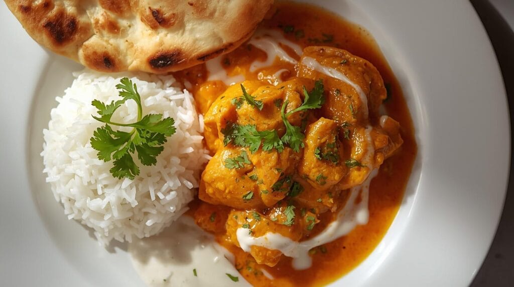 How to Make Authentic Butter Chicken – Easy Indian Restaurant-Style Recipe “authentic butter chicken served on a white plate with basmati rice and naan, creamy sauce drizzled with cream and cilantro, overhead view, natural daylight, elegant plating style.”