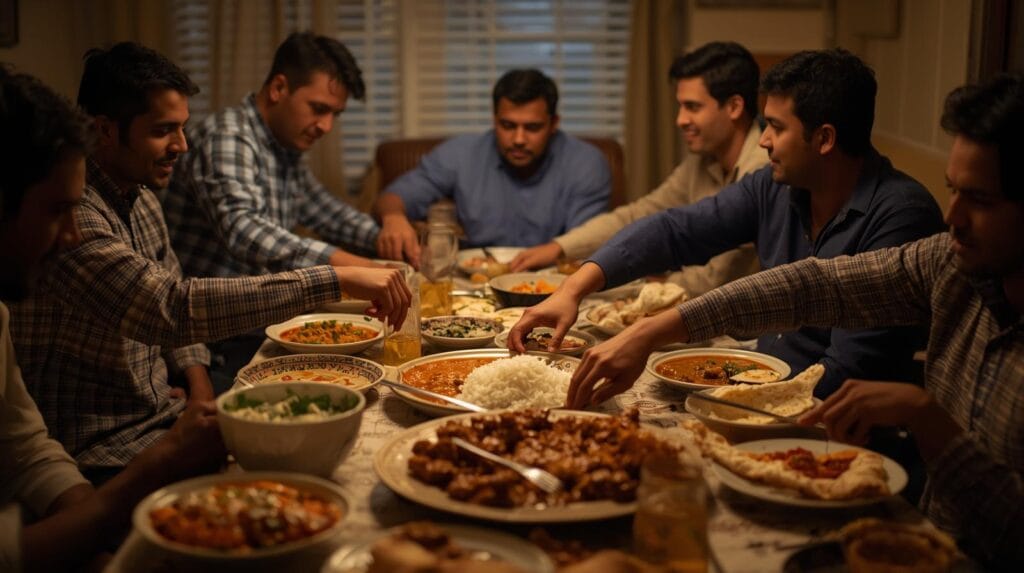 How to Make Authentic Butter Chicken – Easy Indian Restaurant-Style Recipe “family dinner table with butter chicken, rice, naan, and indian side dishes, cozy evening light, warm atmosphere, people reaching for food, lifestyle food photography.”