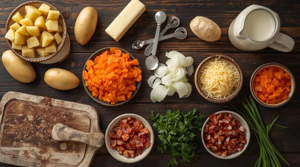 flat lay of potato soup ingredients neatly arranged on a wooden table peeled potatoes, onions, carrots, garlic, butter, milk, shredded cheese, bacon, and fresh herbs. natural kitchen light with a rustic c