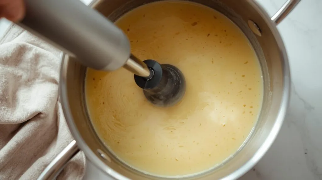 immersion blender blending creamy potato soup in a large pot, smooth and velvety texture forming. steam visible, stainless steel pot with a clean countertop and kitchen towel beside it. soft, natural light