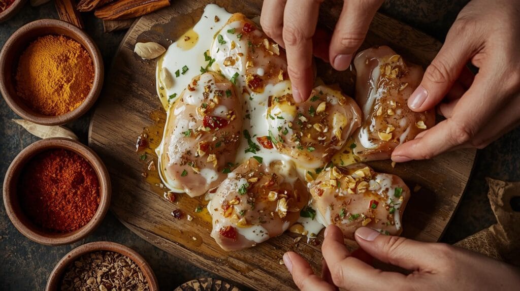 How to Make Authentic Butter Chicken – Easy Indian Restaurant-Style Recipe “marinated chicken pieces in yogurt, spices, and garlic on a wooden cutting board, turmeric, chili powder, and cumin in small bowls nearby, hands mixing marinade, natural daylight, rustic kitchen style.”