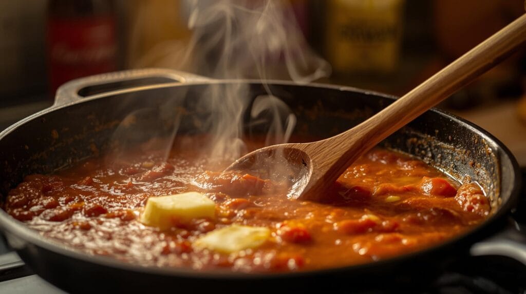 How to Make Authentic Butter Chicken – Easy Indian Restaurant-Style Recipe “pan on stovetop with melting butter and tomato sauce, wooden spoon stirring, steam rising, golden kitchen lighting, creamy sauce texture visible, indian spice jars in the background.”