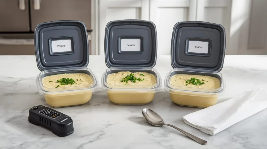 three meal prep containers filled with creamy potato soup, lids open, garnished with herbs. placed on a marble countertop beside a label maker, spoon, and folded napkin. bright, clean kitchen setup with fr