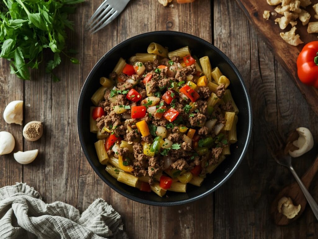 Best Ground Beef Recipes for Dinner — High Protein & Super Flavorful a top down shot of a skillet filled with perfectly browned ground beef mixed with colorful bell peppers, onions, garlic, and herbs, served over warm pasta. vibrant colors, steam rising, high protein di (3)