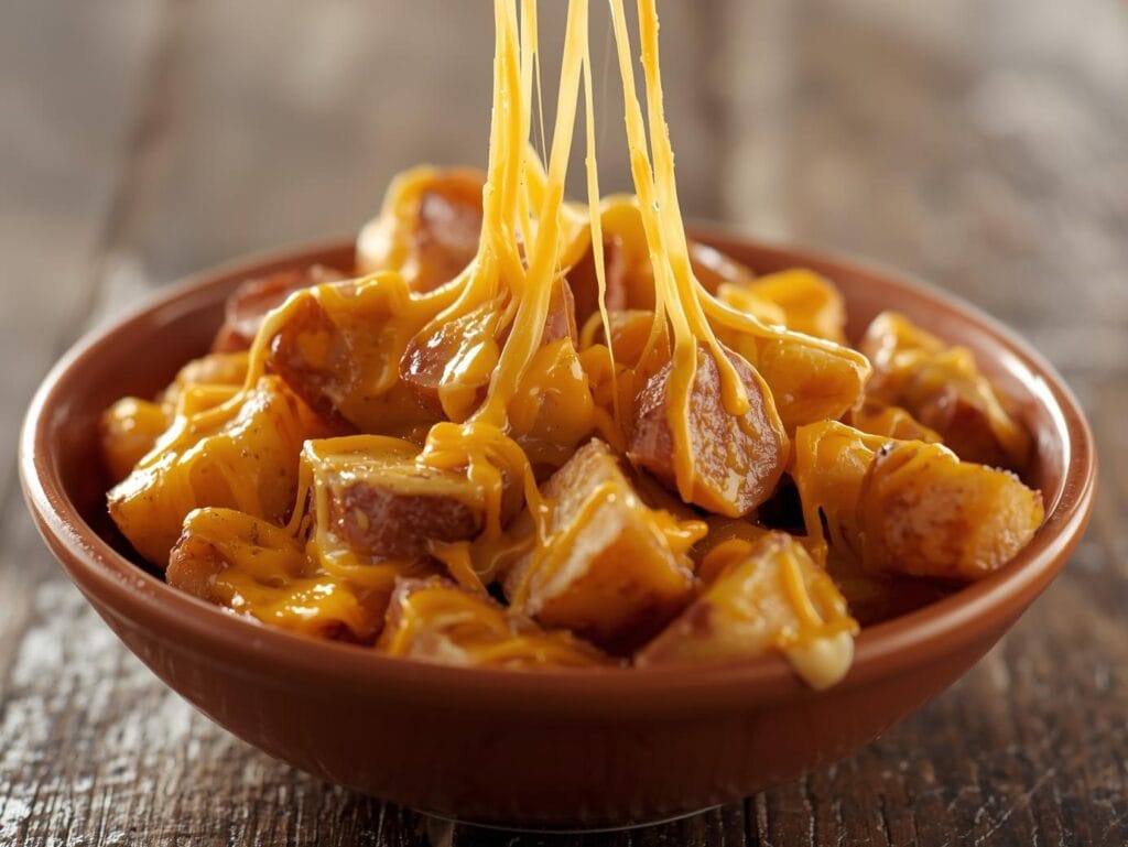 a warm, delicious bowl of cheesy ranch potatoes with smoked sausage, creamy melted cheese on top, sliced smoked sausage mixed with tender potatoes, rustic wooden table background, soft natural lighting (1)