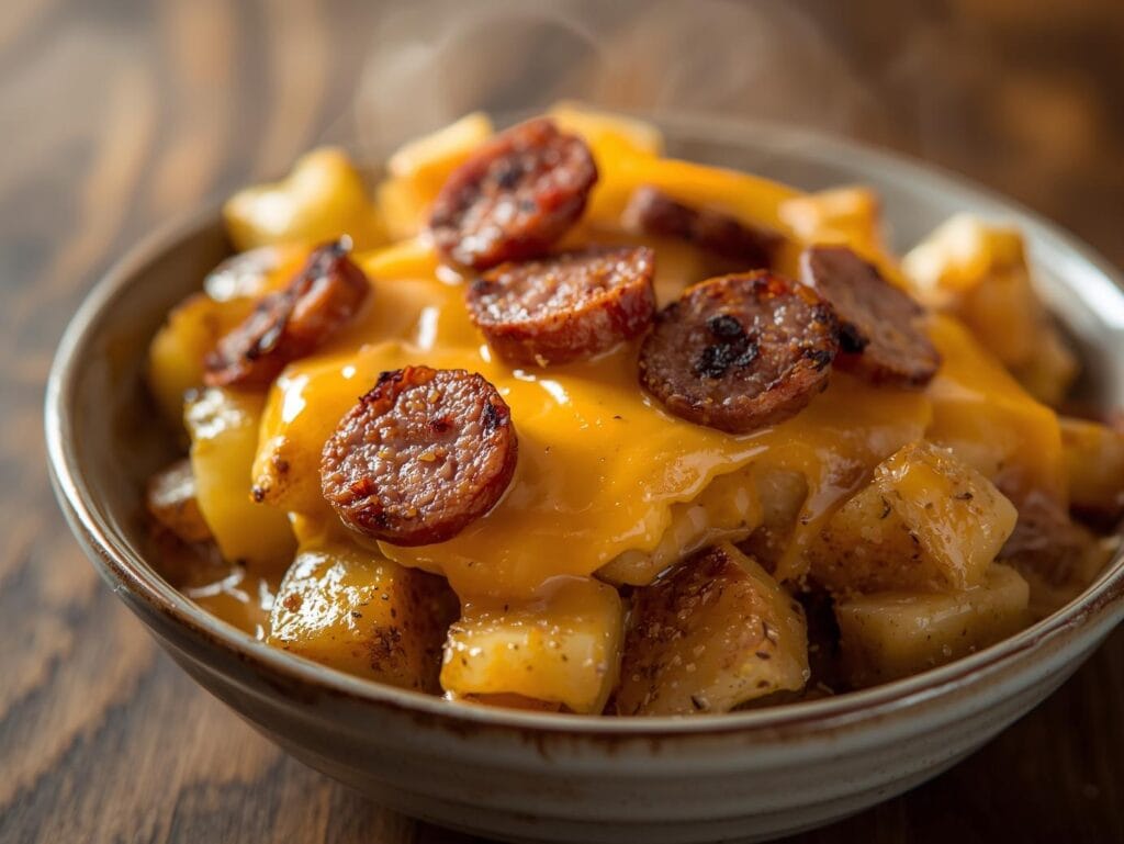 a warm, delicious bowl of cheesy ranch potatoes with smoked sausage, creamy melted cheese on top, sliced smoked sausage mixed with tender potatoes, rustic wooden table background, soft natural lighting, ap