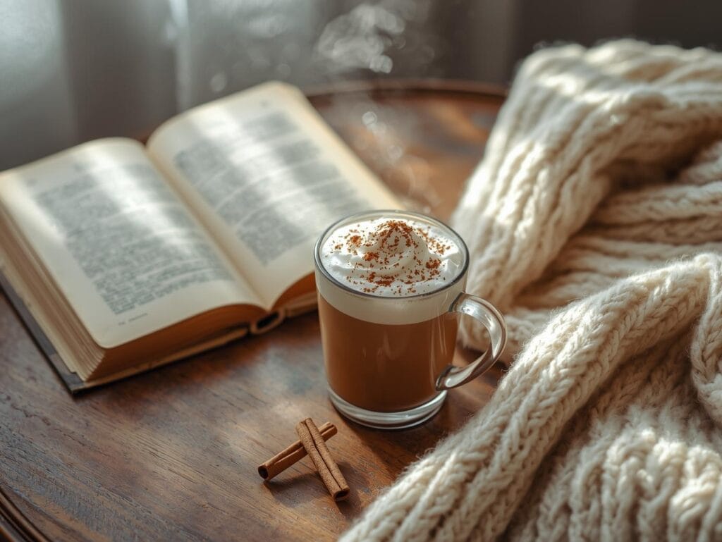 Better Than Starbucks: 5-Minute Homemade Gingerbread Latte (No Fancy Machine Needed) a warm gingerbread latte placed next to an open book and soft blanket on a couch or coffee table. natural window light, winter morning atmosphere, inviting and cozy aesthetic, realistic lifestyle photograp