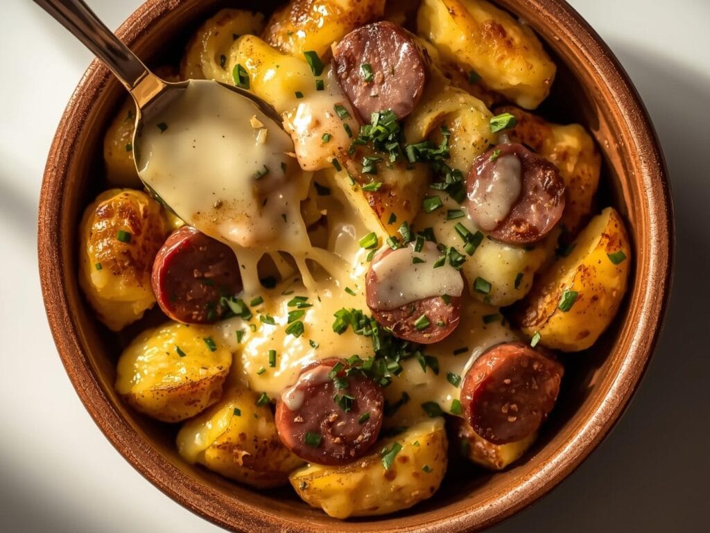 close up of a creamy serving bowl filled with cheesy ranch potatoes and smoked sausage, melted cheese pull, sprinkled herbs on top, soft natural lighting, comfort food focus, clean background.”