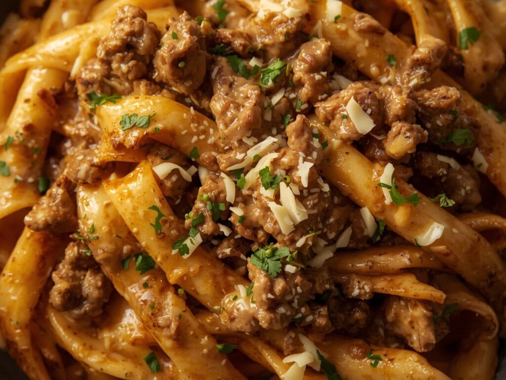 Easy Beef Pasta Recipes for Busy Weeknights close up shot of creamy beef pasta with thick garlic cream sauce, ground beef, parmesan flakes, parsley garnish, warm golden toned lighting, high resolution food photography, overhead angle”