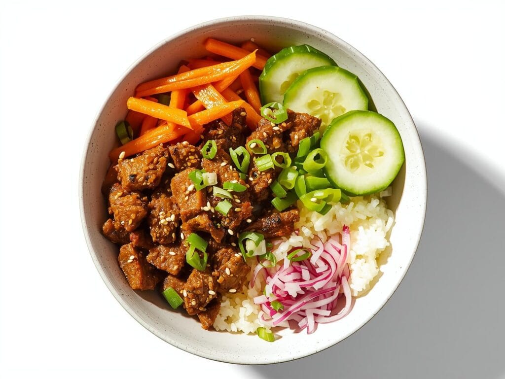 Best Ground Beef Recipes for Dinner — High Protein & Super Flavorful colorful korean beef power bowl with perfectly browned beef, jasmine rice, shredded carrots, cucumber slices, sesame seeds, and green onions. bright natural lighting, clean white background, overhead s (3)