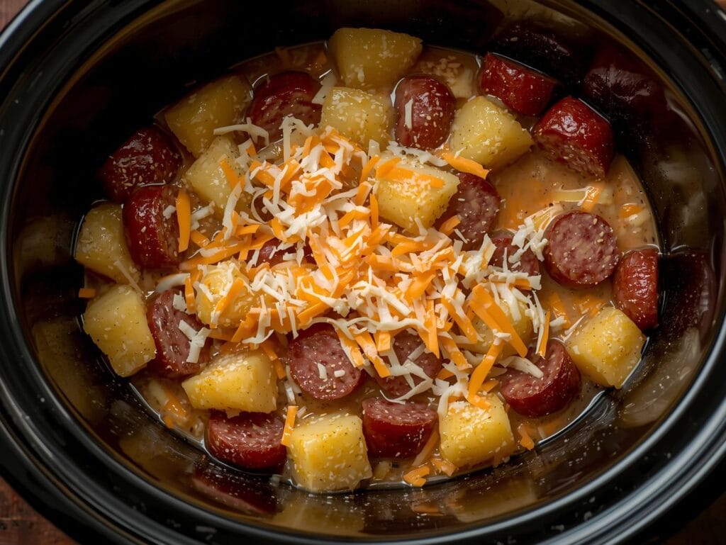 “crockpot filled with sliced smoked sausage, potatoes, shredded cheese, and ranch seasoning sprinkled on top, overhead shot, warm kitchen lighting, clean and realistic style.”