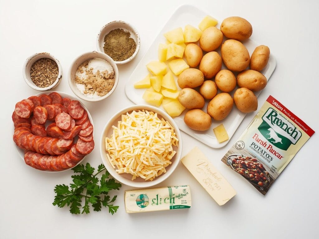 flatlay of ingredients for cheesy ranch potatoes and smoked sausage sliced smoked sausage, diced potatoes, shredded cheese, ranch seasoning packet, butter, parsley, clean white background, bright and orga