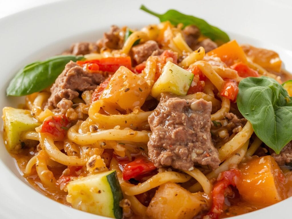 Easy Beef Pasta Recipes for Busy Weeknights “healthy beef pasta with colorful vegetables (zucchini, bell peppers, spinach), light tomato or broth based sauce, ground beef, clean bright photography, white plate on a white background”