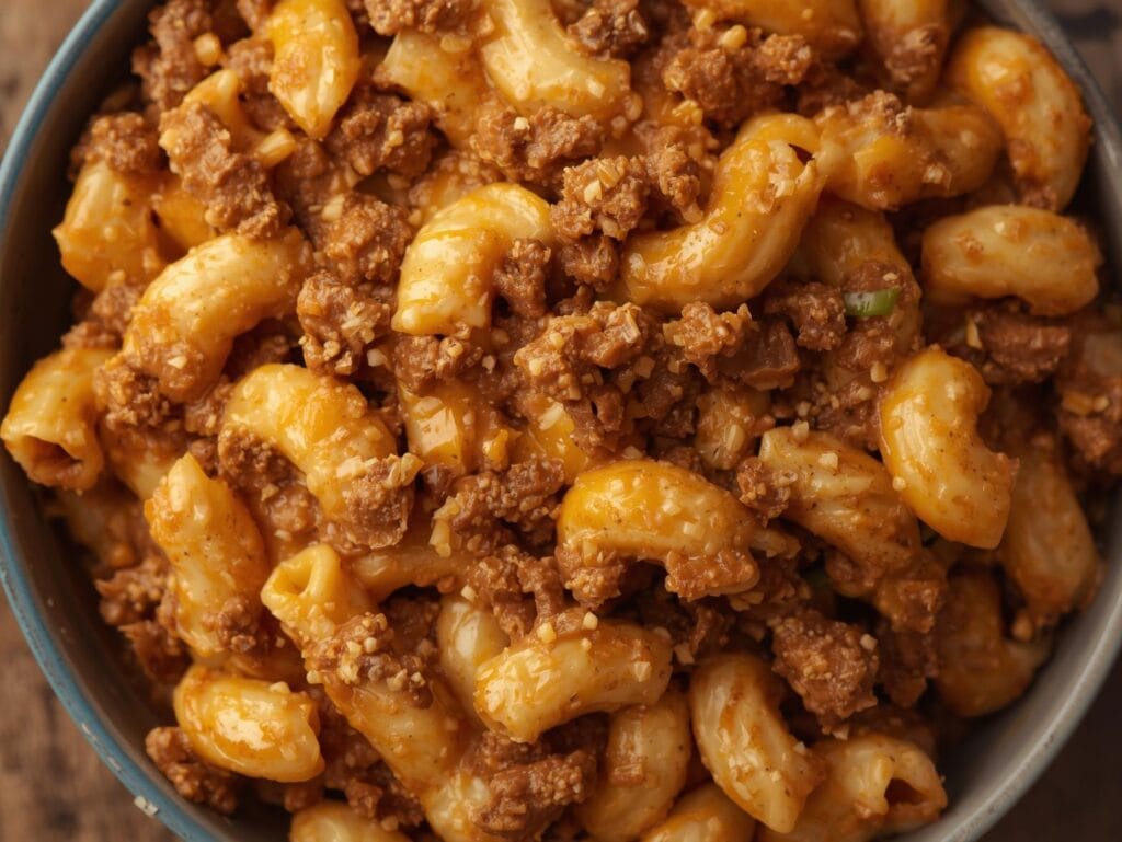 Easy Beef Pasta Recipes for Busy Weeknights “homemade hamburger helper beef pasta, elbow macaroni, creamy cheese sauce, browned beef crumbles, warm tones, cozy comfort food styling, rustic table texture”