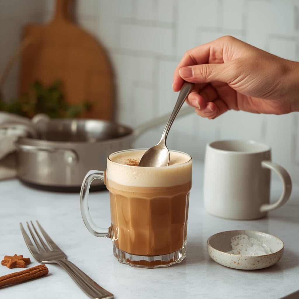 Better Than Starbucks: 5-Minute Homemade Gingerbread Latte (No Fancy Machine Needed) lucid origin a homemade gingerbread latte being stirred with a 2