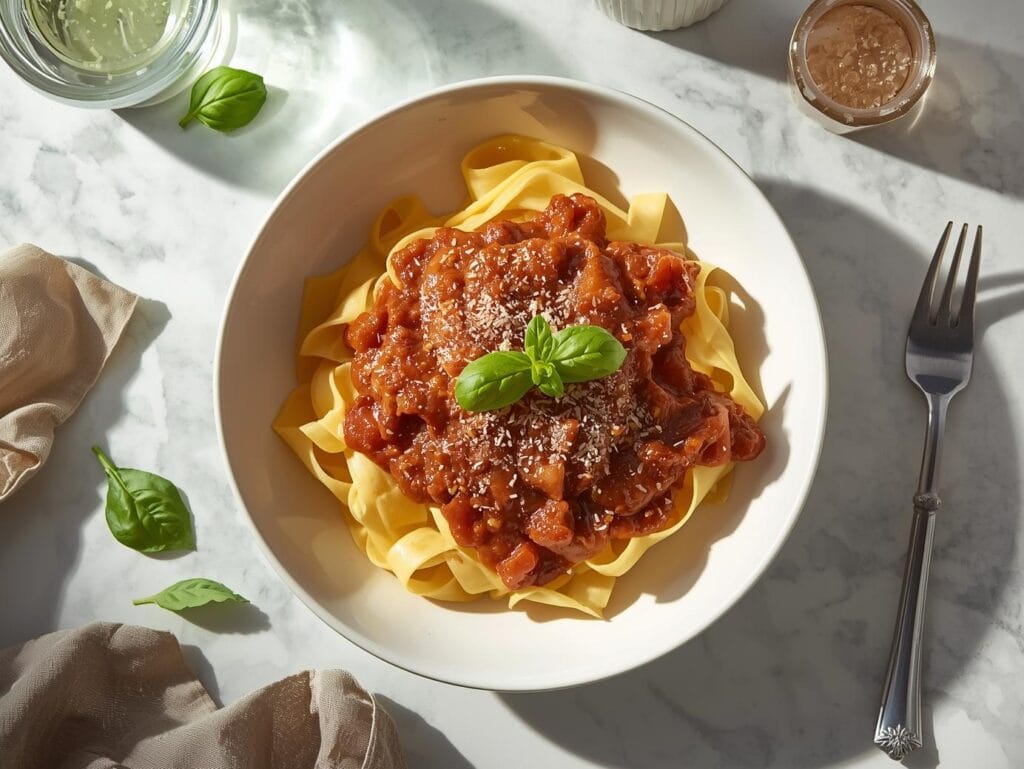 Best Ground Beef Recipes for Dinner — High Protein & Super Flavorful “luxurious sunday bolognese sauce poured over al dente tagliatelle pasta, garnished with fresh basil and parmesan. bright natural window light, soft shadows, clean italian farmhouse vibe, top down flat lay