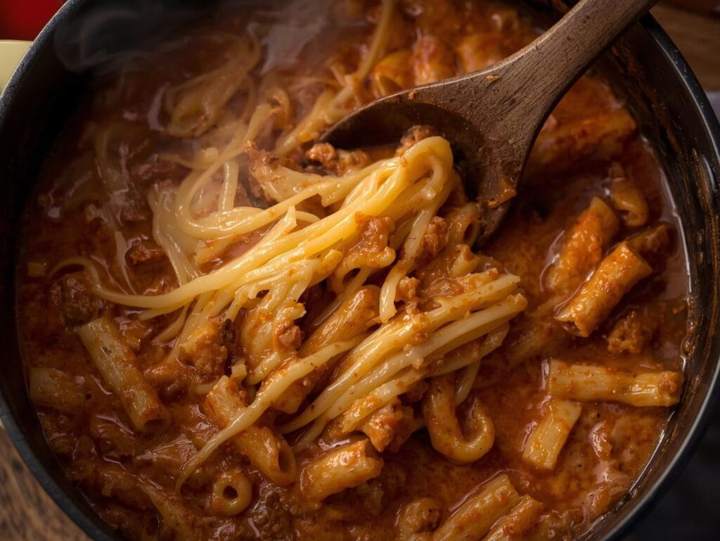 Best Ground Beef Recipes for Dinner — High Protein & Super Flavorful one pot cheesy beef pasta in a large pot with a wooden spoon, melted cheese stretching, steam rising. warm cozy lighting, rustic home cooking feel, soft shadows, inviting comfort food look.” (3)