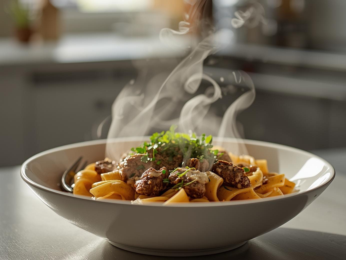 Easy Beef Pasta Recipes for Busy Weeknights professional food photography of creamy beef pasta in a white bowl, garnished with parsley, steam rising, creamy garlic sauce, ground beef pieces, soft natural light, shallow depth of field, clean kitchen