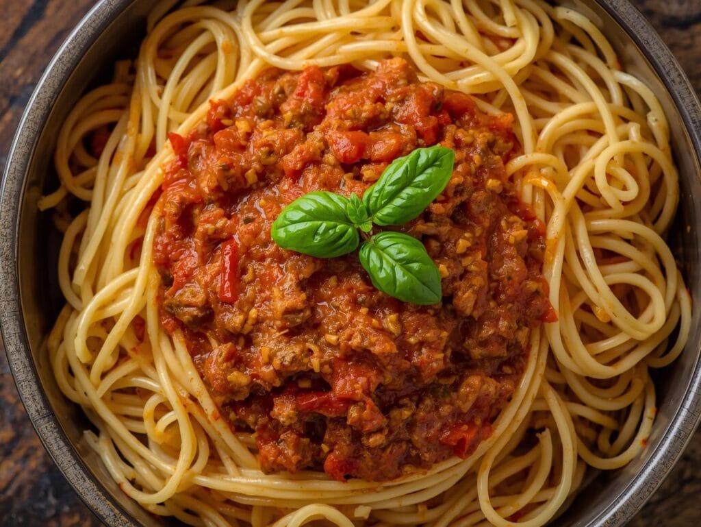 Easy Beef Pasta Recipes for Busy Weeknights “spaghetti pasta mixed with italian style beef tomato sauce, chunky tomato texture, basil leaves on top, rustic wooden table, bright vibrant colors, authentic italian food styling”