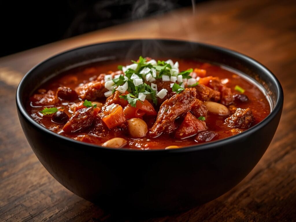 Best Ground Beef Recipes for Dinner — High Protein & Super Flavorful “thick and hearty high protein chili in a matte black bowl, rich red sauce, chunky ground beef, beans, tomatoes, and peppers, topped with fresh cilantro and diced onions. warm natural lighting, close u (2)