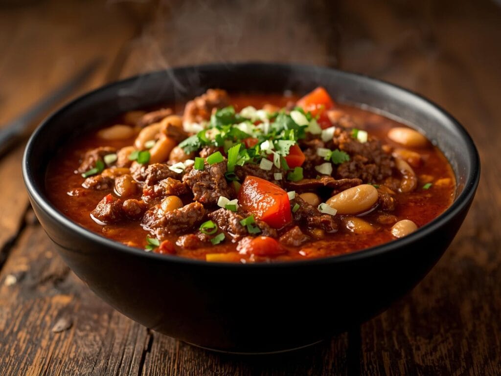 Best Ground Beef Recipes for Dinner — High Protein & Super Flavorful “thick and hearty high protein chili in a matte black bowl, rich red sauce, chunky ground beef, beans, tomatoes, and peppers, topped with fresh cilantro and diced onions. warm natural lighting, close up sh