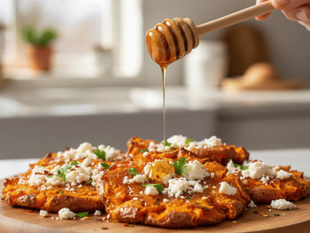 "Crispy Smashed Sweet Potato Discs with Hot Honey & Feta: The Ultimate 2026 Healthy Appetizer canva smashed potato (1)