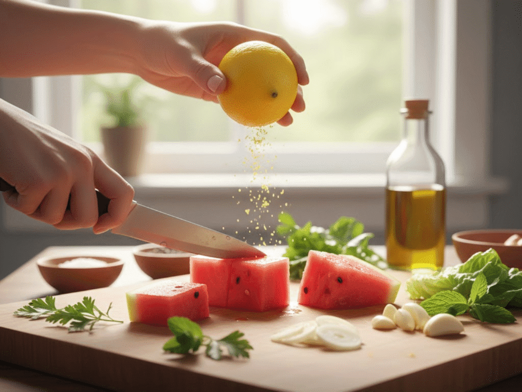 Watermelon-Crunch Garlic Lemon Salad (Viral 2026 Summer Recipe) garlic salad canva (2)