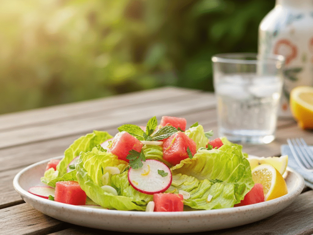 Watermelon-Crunch Garlic Lemon Salad (Viral 2026 Summer Recipe) garlic salad canva (4)