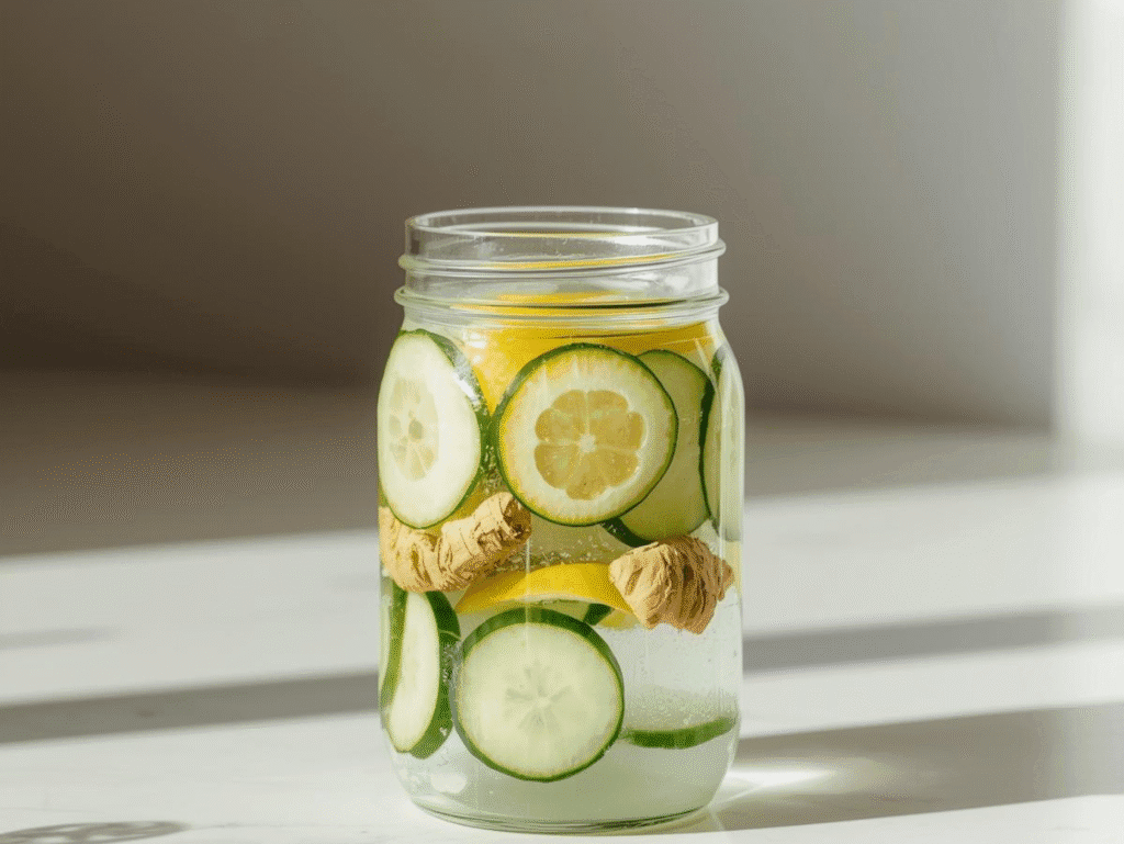 The Ultimate Gut Health Drink: My 5-Minute Cucumber Lemon Ginger Water ginger cuccumber canva (3)