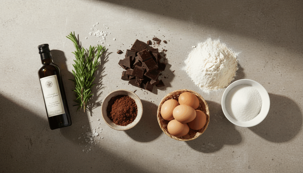 Salted Olive Oil & Rosemary Chocolate Cake (Gluten-Free & Grounded) overhead flatlay of 202602042016